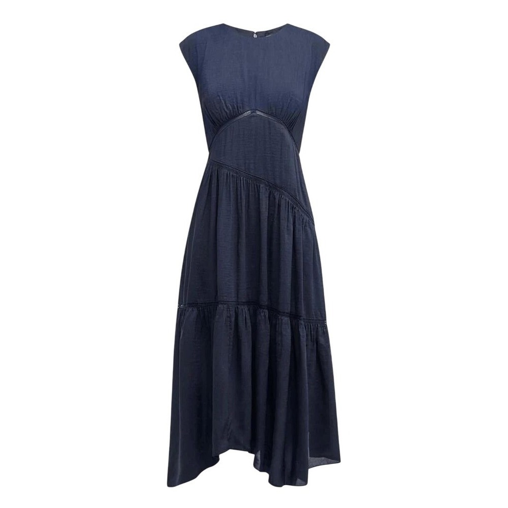 FRAME Navy Textured Midi Dress Sleeveless Tiered Ruffle Lace Detail Medium